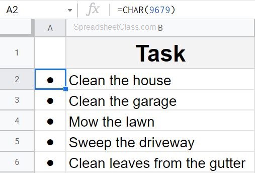 An example of how to insert bullet points in Google SHeets with the CHAR function part 1 with larger bullet point