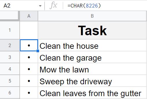 An example of how to insert bullet points in Google SHeets with the CHAR function part 2 with smaller bullet point (Lesson and content created by spreadsheetclass.com)