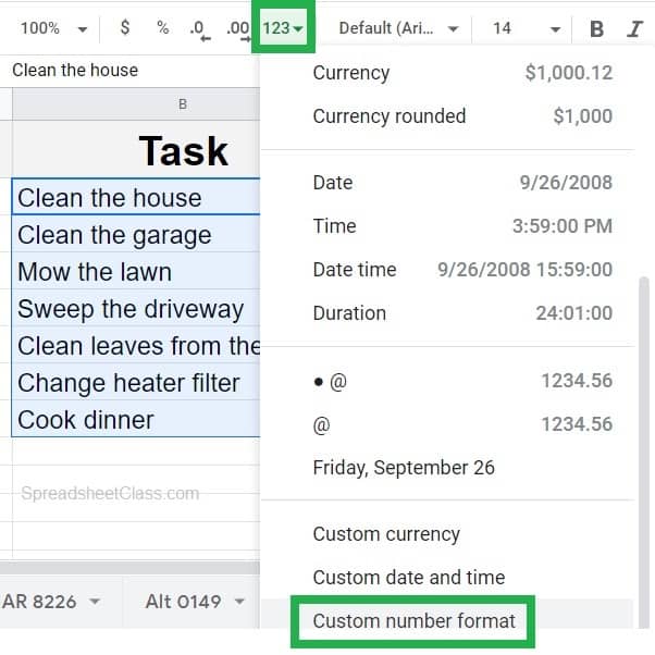 An example of how to insert bullet points in Google Sheets with custom number formatting part 1 accessing the custom format menu