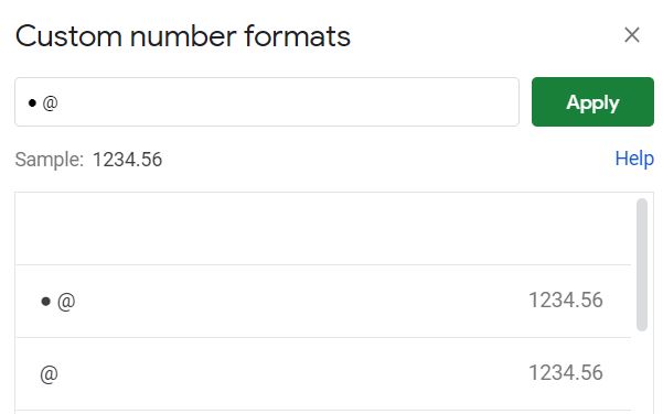 An example of how to insert bullet points in Google Sheets with custom number formatting part 2 setting the custom format