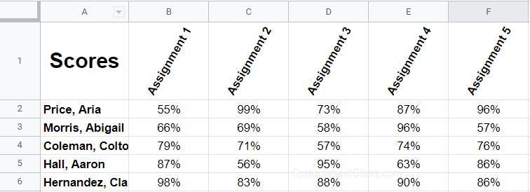 An example of how to make text diagonal by rotating text in Google Sheets (part 2) after rotating text with a custom angle