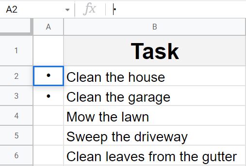An example of how to type a bullet point in Google Sheets with an ALT code