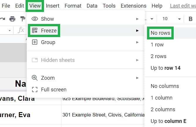 An example of how to unfreeze rows and columns in Google Sheets example showing where to click