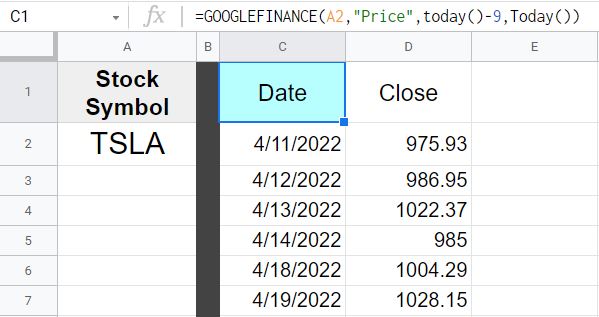 Example of how to use subtraction when specifying dates in the GOOGLEFINANCE function to get the prices for the last x number of days in Google Sheets