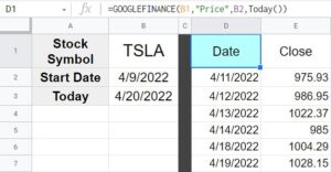 Example of how to use the TODAY function with the GOOGLEFINANCE function to pull stock prices until today in Google Sheets