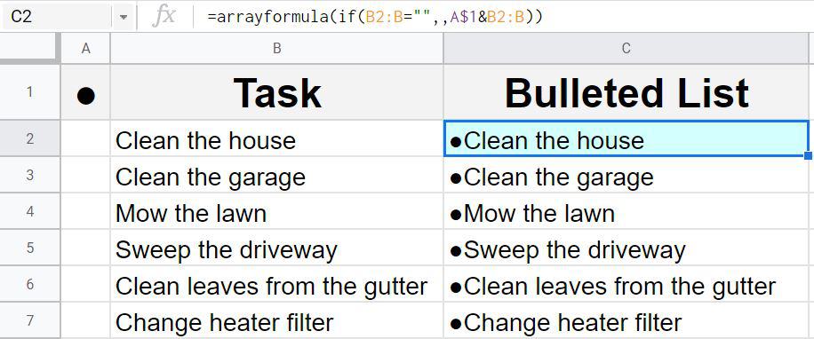 An example of using ARRAYFORMULA to apply bullet points to an entire column in Google Sheets