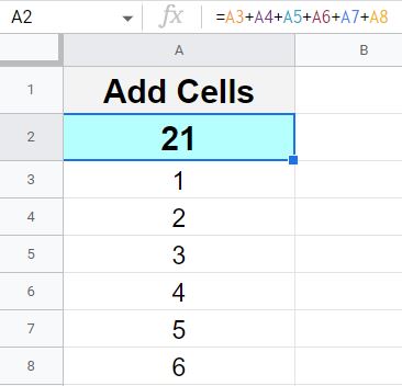 Example of how to add multiple cells together with the plus sign in Google Sheets