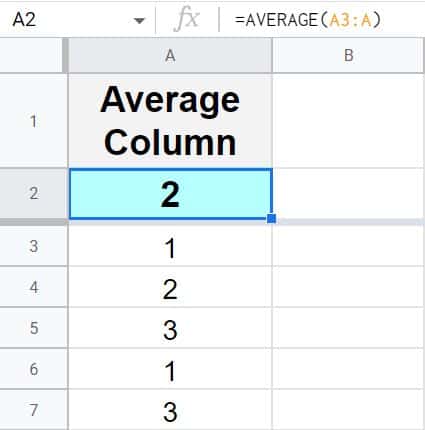 Example of how to average a column with the AVERAGE function in Google Sheets