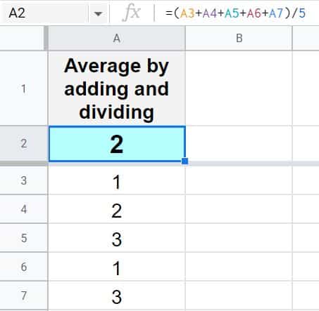Example of how to average by using addition and division in Google Sheets mathematical method