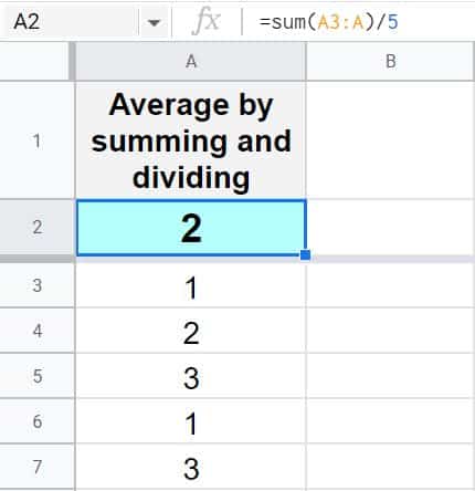 Example of how to average by using the SUM function with division in Google Sheets mathematical method