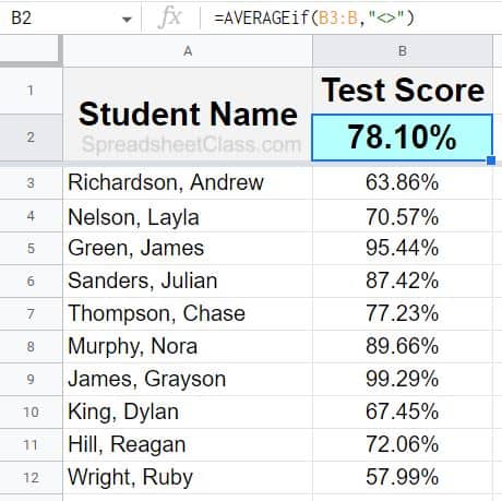 Example of how to average if not blank in Google Sheets alternative method to default