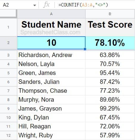 Example of how to average percentages in Google Sheets by using COUNTIF SUM and division