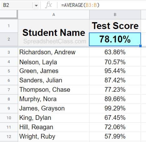Example of how to average percentages in Google Sheets with the AVERAGE function