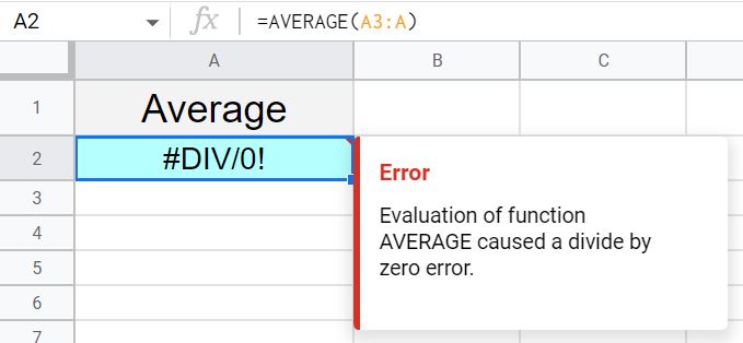 Example of how to fix the divide by zero error with the AVERAGE function in Google Sheets