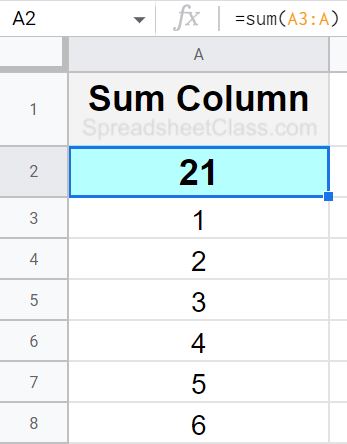 Example of how to sum a column with the SUM function in Google Sheets