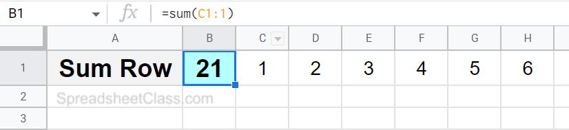 Example of how to sum a row with the SUM function in Google Sheets