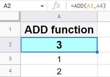 Example of using the ADD function to add as an alternative to mathematical operators in Google Sheets