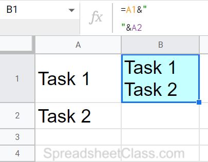 An example of how to combine multiple cells into new lines in a single cell in Google Sheets alternate method with the newline character with an ampersand
