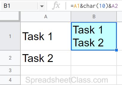 An example of how to combine multiple cells into new lines in a single cell in Google Sheets first method by using the CHAR function with the ampersand
