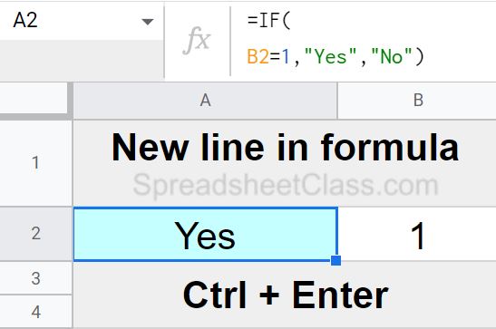 An example of how to insert a new line in a formula in Google Sheets by using the Ctrl and Enter keyboard method (Keyboard shortcut and example in a single image)