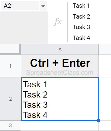 An example of how to insert a new line in cell in Google Sheets by using the Ctrl and Enter keyboard method (Keyboard shortcut and example all in one)