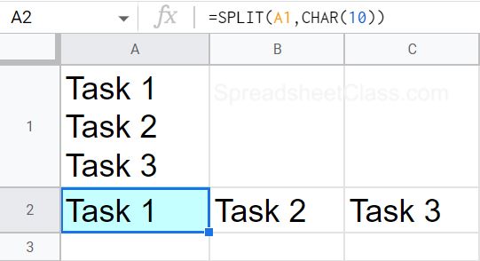 An example of how to remove line breaks horizontally into multiple cells in Google Sheets by using the SPLIT function