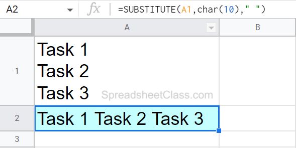 An example of how to remove line breaks horizontally within a cell in Google Sheets by using the substitute function