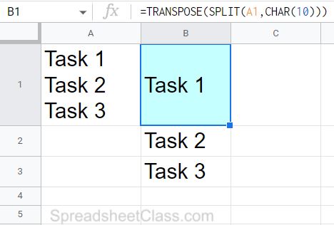 An example of how to remove line breaks vertically into multiple cells in Google Sheets by using the TRANSPOSE function and the SPLIT function