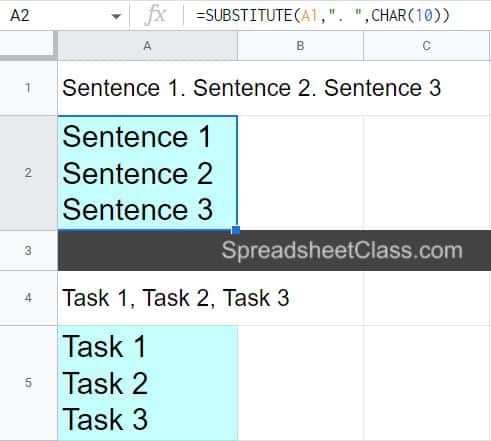 An example of how to replace a character with a line break in Google Sheets by using the substitute function (Example using commas and example using periods all in one)