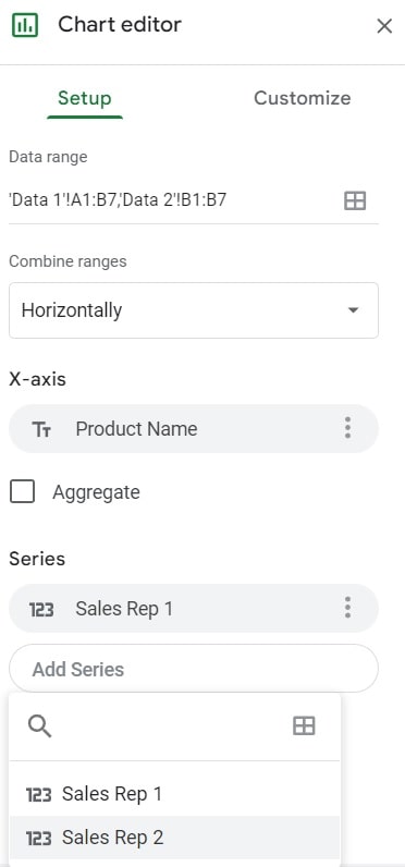 Example of how to add a series to a chart in Google Sheets when charting data from another sheet or multiple sheets