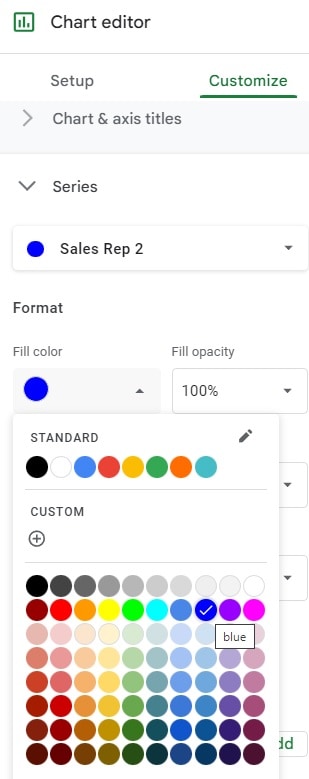 Example of how to change the color of multiple chart series in Google Sheets