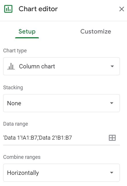 Example of how to specify the data range from multiple tab names when charting data from multiple sheets in Google Sheets
