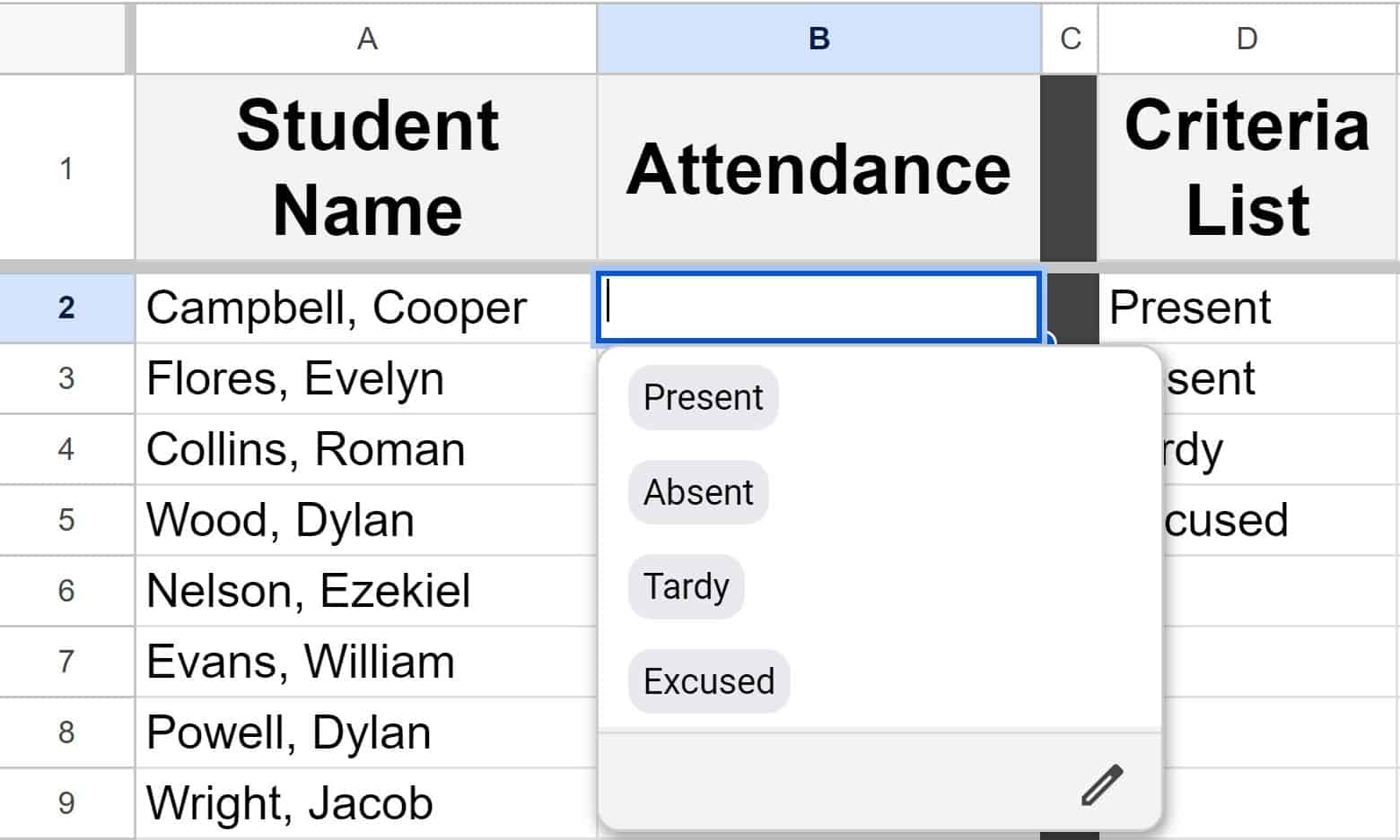 Example of creating a drop down in Google Sheets, opened drop down with selections from the list from range criteria range displaying (List from a range after drop down was created) NEW image version