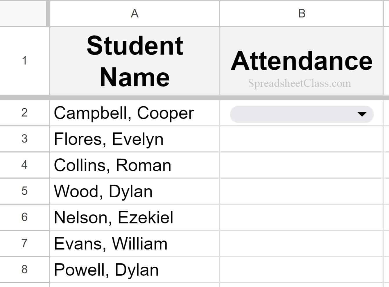 Example of creating a drop down list in Google Sheets. Drop down after creation with nothing selected. Hovering cursor over arrow NEW version