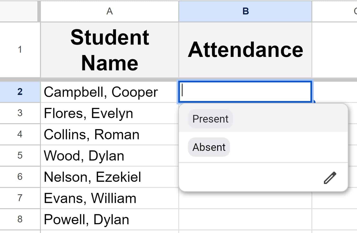 Example of creating a drop down menu in Google Sheets. Clicking to open the drop down menu, and hovering the cursor over the first selection NEW by SpreadsheetClass.com