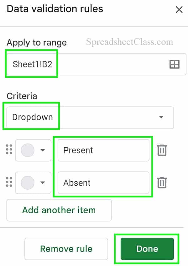 Example of creating data validation rule to create a drop down from a list of items, by filling in the range, and listing the items in Google Sheets NEW