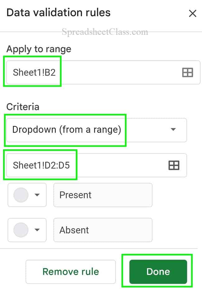 Example of creating the data validation rule to create a drop down from a range, by filling in the range, selecting drop down from a range NEW