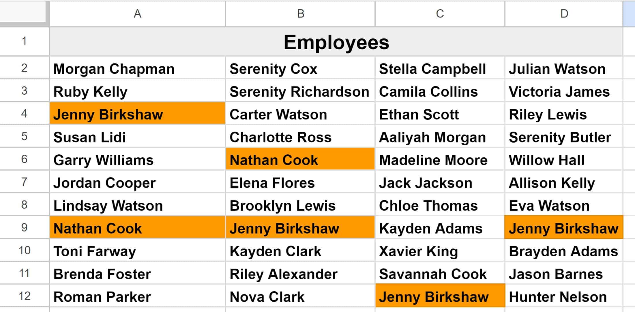 Example of how to highlight duplicates found in an entire sheet in Google Sheets