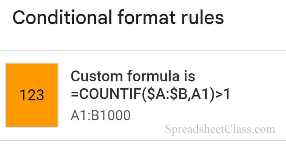 Example of how to highlight duplicates from multiple columns in Google Sheets by using custom formula is conditional formatting rule