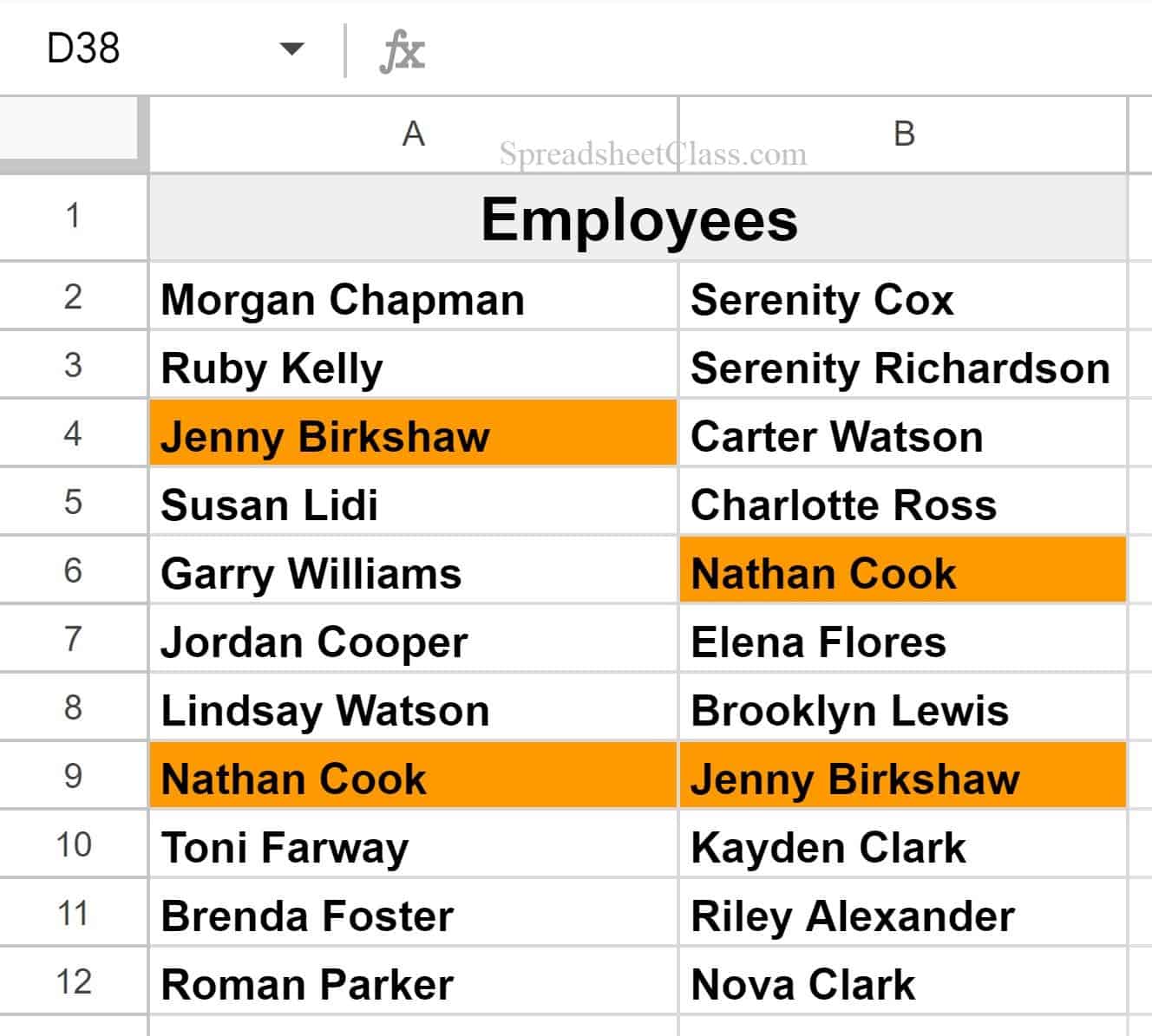 Example of how to highlight duplicates from multiple columns in Google Sheets