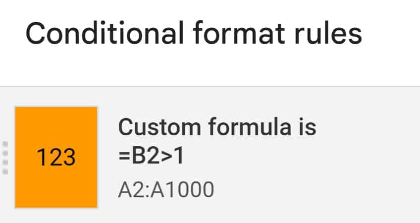 Example of how to highlight duplicates in Google Sheets by using COUNTIF method custom formula is conditional formatting rule