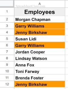 Example of how to highlight duplicates in Google Sheets single column