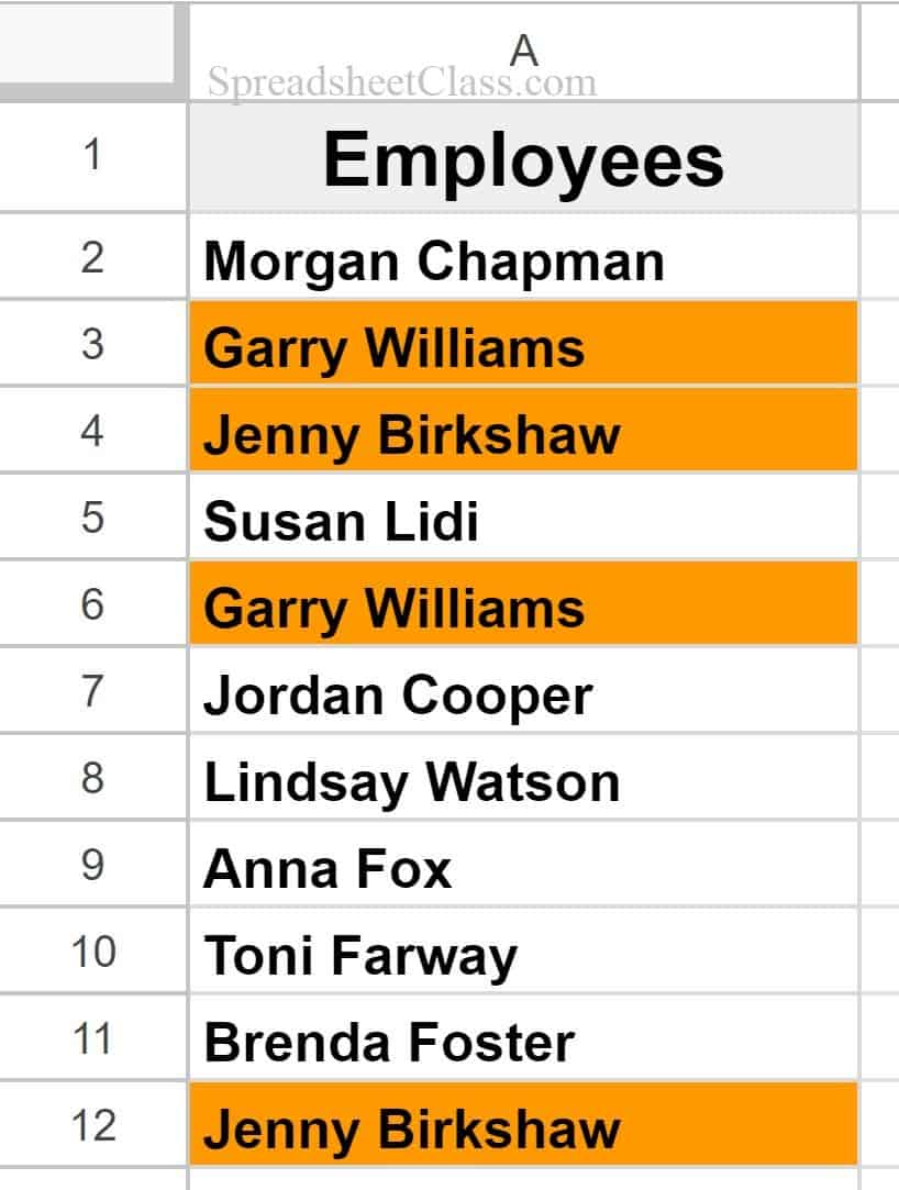 Example of how to highlight duplicates in Google Sheets single column