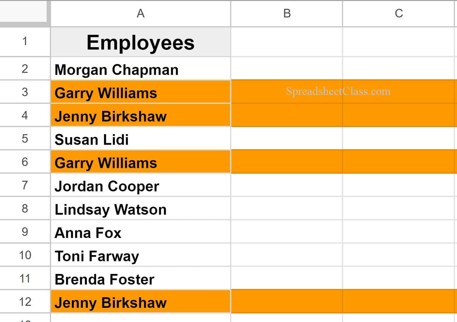Example of how to highlight entire row if duplicate is found in Google Sheets