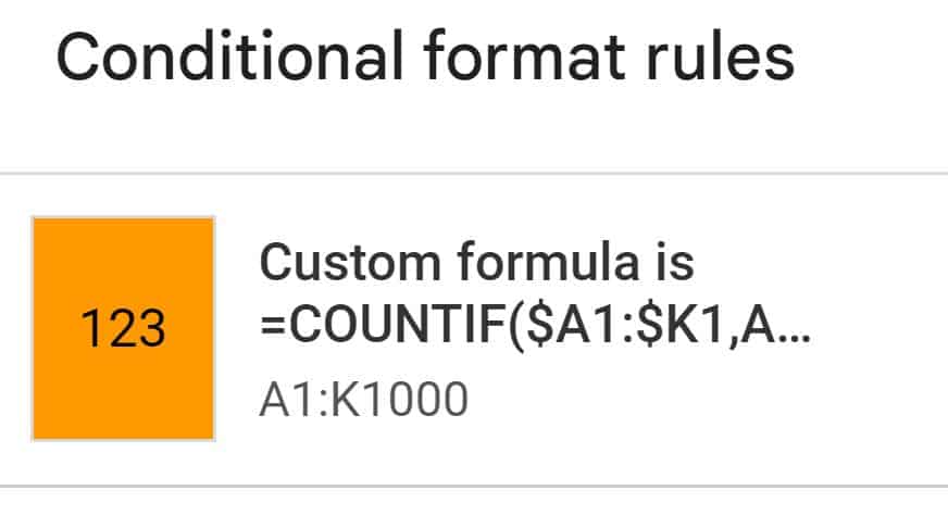 Example of how to highlight if entire row is a duplicate in Google Sheets by using custom formula is conditional formatting rule