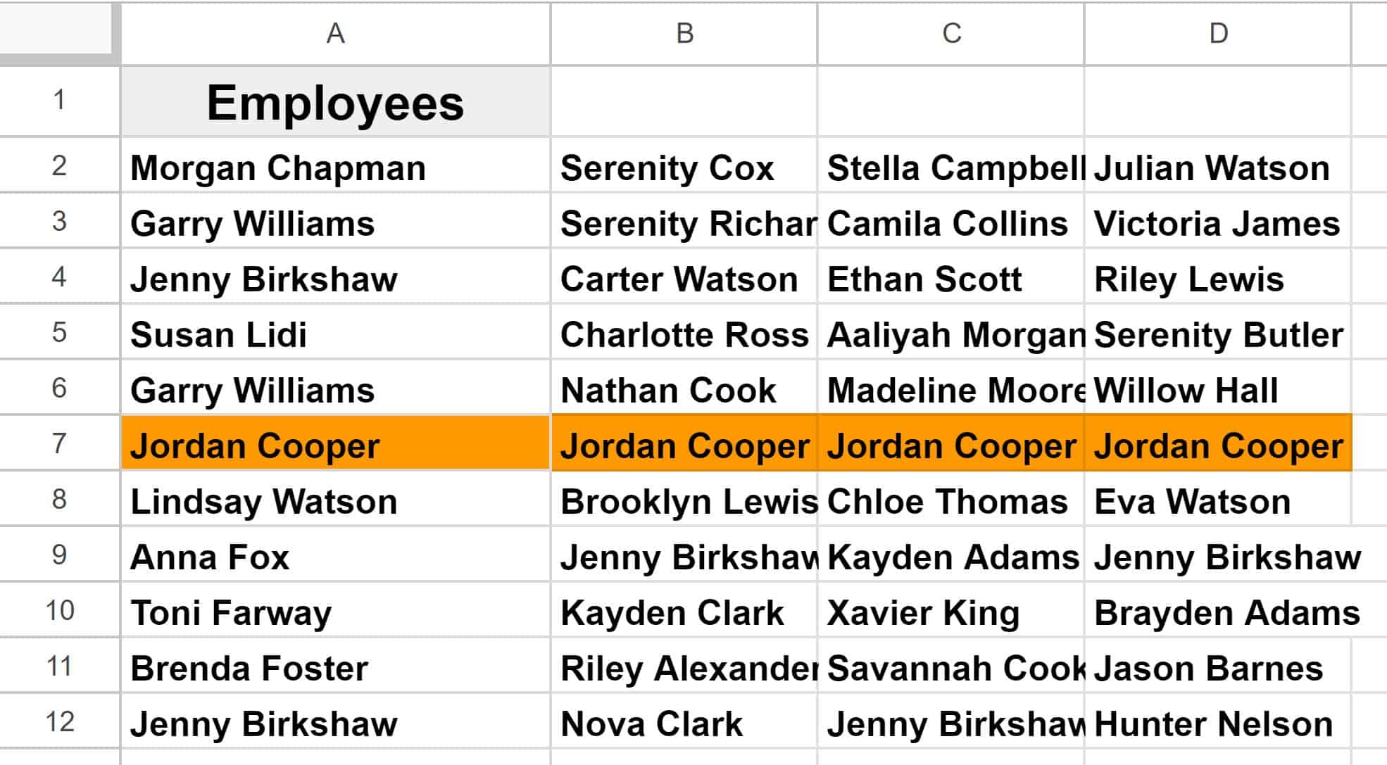 Example of how to highlight if entire row is a duplicate in Google Sheets