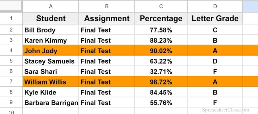 Example of how to highlight row based on cell value in Google Sheets