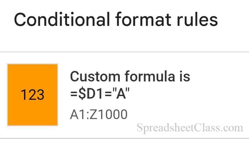 Example of how to highlight row based on cell value in Google Sheets by using custom formula is conditional formatting rule