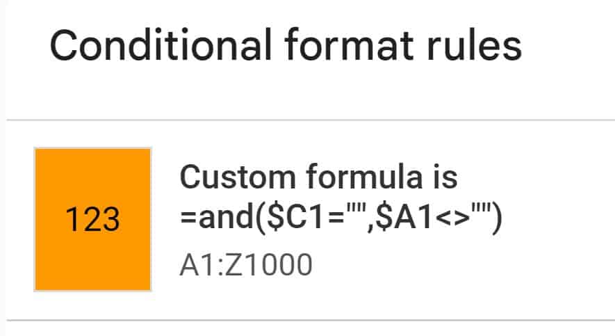 Example of how to highlight row if cell is empty in Google Sheets and ignore blank rows by using custom formula is conditional formatting rule