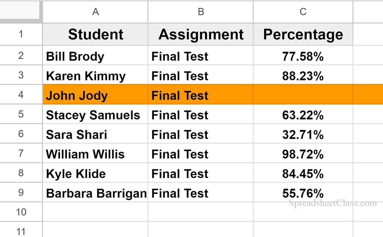 Example of how to highlight row if cell is empty in Google Sheets and ignore blank rows